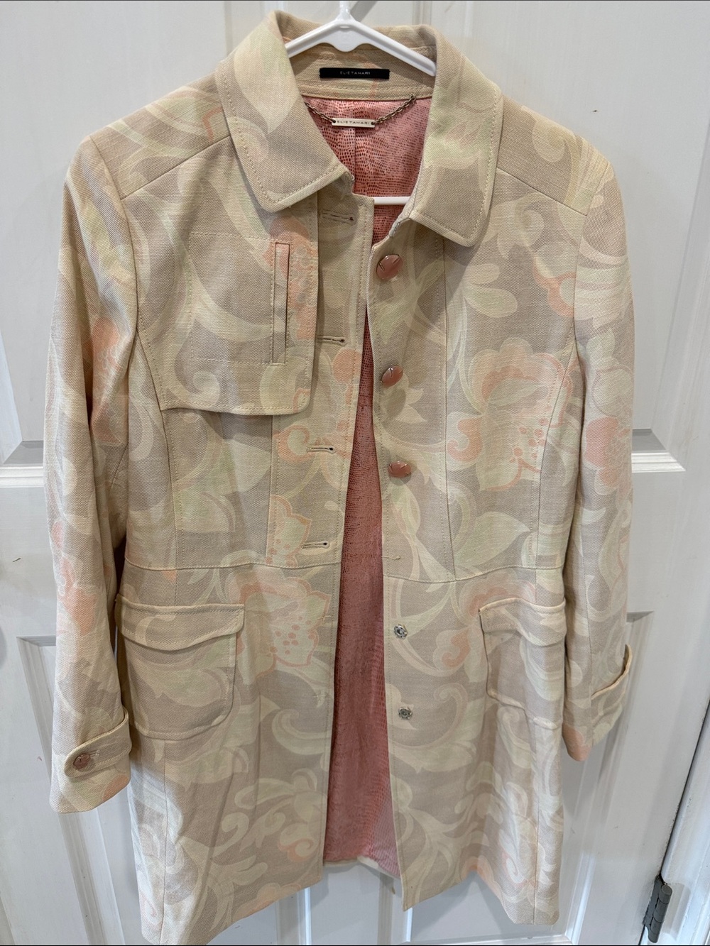 Elie Tahari Light Floral Jacquard Coat with Pink Lining